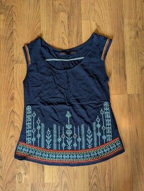 Anthropologie A Common Thread Embroidered Cap Sleeve Top in Navy, Size Petite